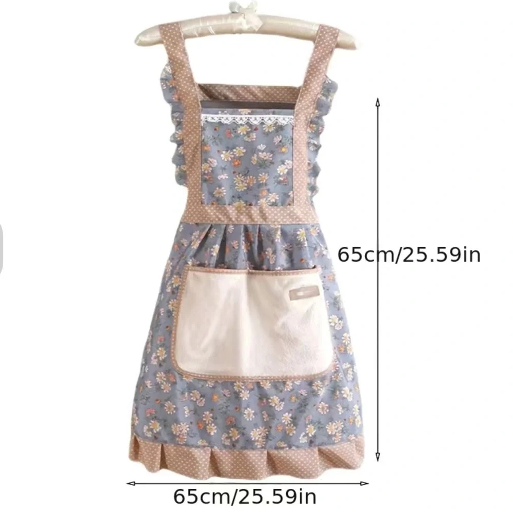 Apron Bib Sweet Vintage Retro Vibe  Pockets Waist Tie Floral Polka Dot Blue OS - Picture 2 of 10